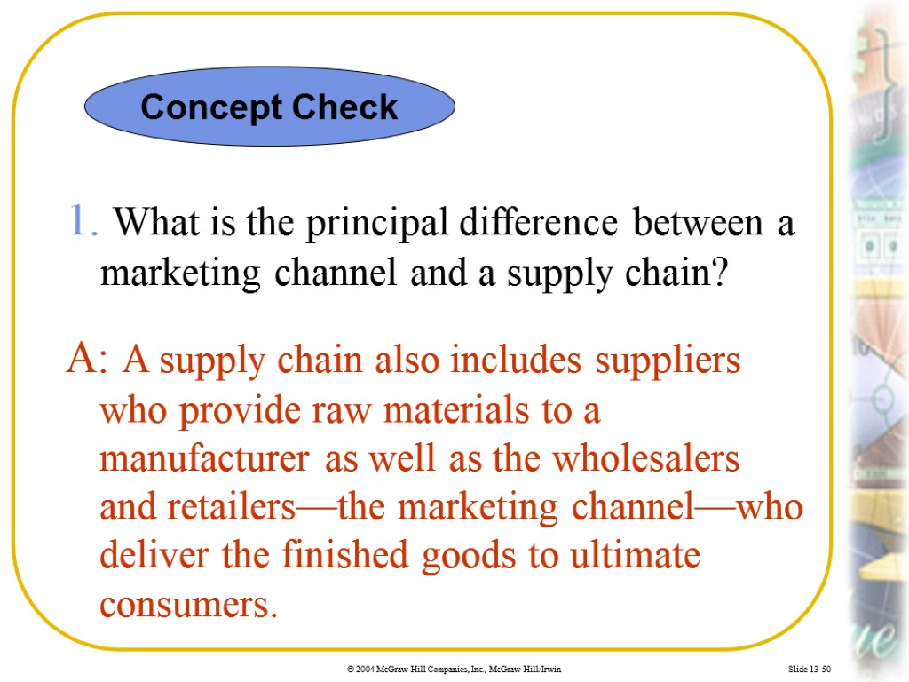 Slide 13-50 1. What is the principal difference between a marketing channel and a